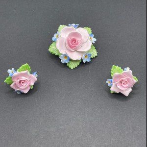 B-16 Vintage DENTON England glazed china floral brooch & screw back earring set